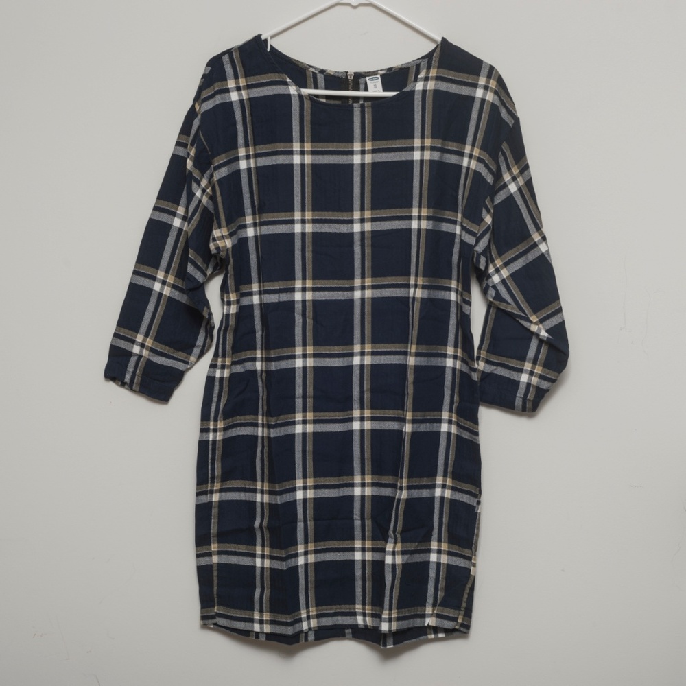Old Navy Plaid Dress, three-quarter sleeves, navy